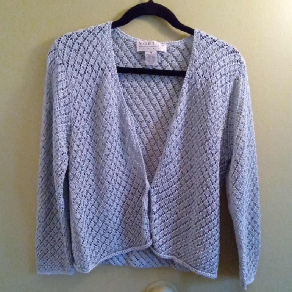 Womans M Norton Studio Powder Blue Cropped Open-Knit Cardigan Buttoned - Picture 1 of 4